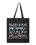 Black canvas tote with white motivational quote text