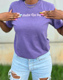 Manifest That Bag t-shirt in grape – front view close up on model