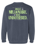 Mindset: Millionaire, Mood: Unbothered: in denim Neon Green color writing – back view