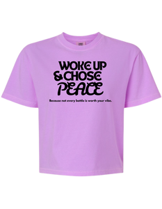 Woke Up and Chose Peace cropped tee in Neon Violet – front