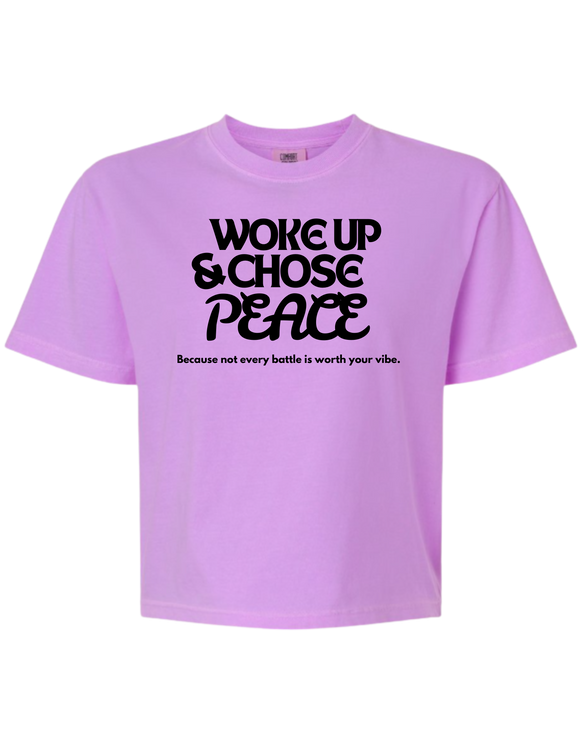 Woke Up and Chose Peace cropped tee in Neon Violet – front