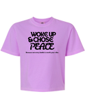 Woke Up and Chose Peace cropped tee in Neon Violet – front
